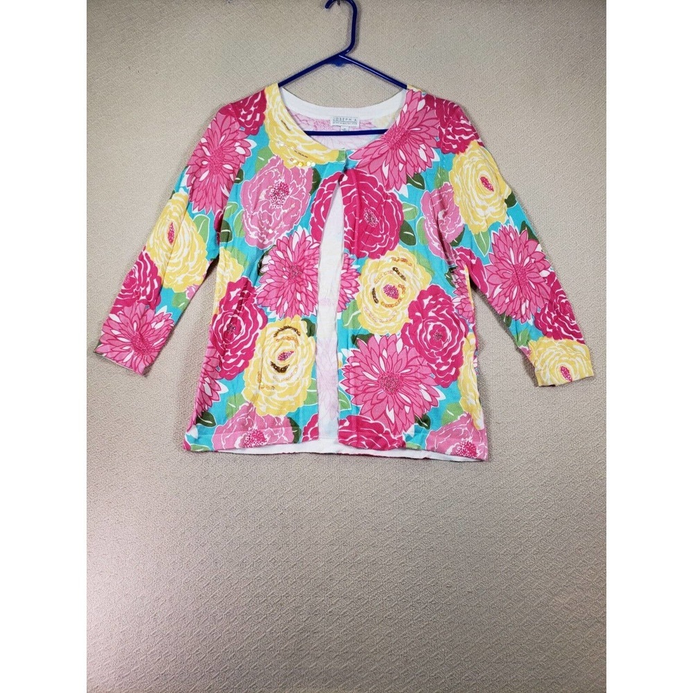 Joseph A. Cardigan Womens Medium M Pink/Blue Floral Beaded Sequin Snap-Neck Open